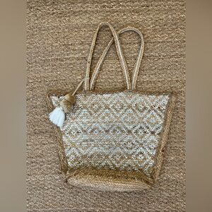America & Beyond Woven Tan and Cream Tote Bag with Ball Tassel